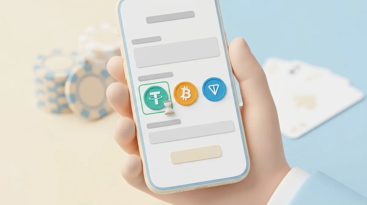A phone in a player's hand showing a crypto payment window with USDT, Bitcoin and TON coins to choose from