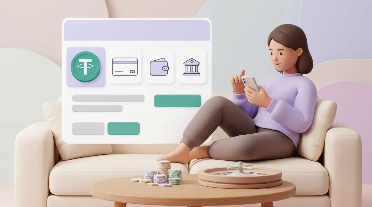 An online casino deposit window on a player's phone with USDT, card, e-wallet and bank options