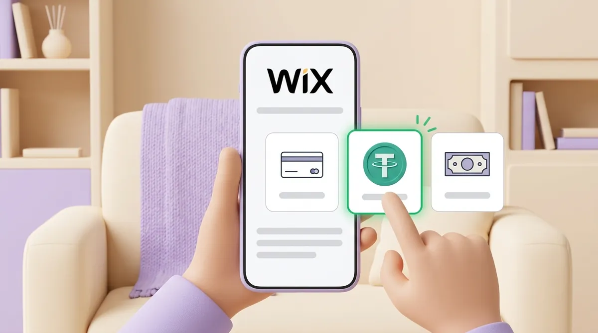 Рука держит телефон со страницей заказа магазина на Wix, где три способа оплаты — банковская карта, монета USDT и наличные; палец нажимает на USDT, вариант подсвечен зелёным.