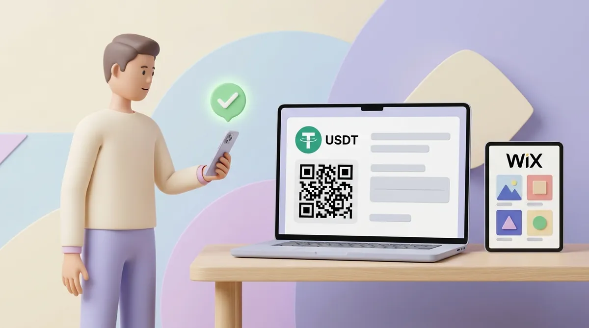 A customer scans a QR code for a USDT payment on a laptop screen with his phone, next to a tablet showing a small Wix shop, and a green checkmark appears by the phone.