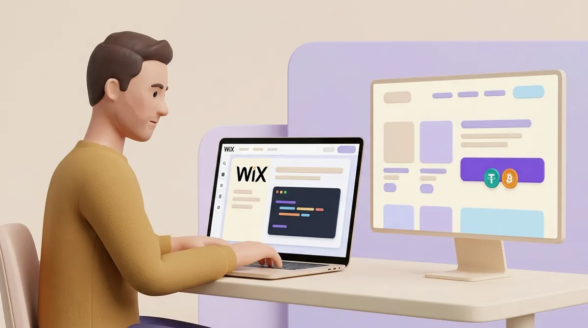 Разработчик за ноутбуком вставляет фрагмент кода в настройках сайта на Wix, а на соседнем мониторе открыта опубликованная страница магазина с фиолетовой кнопкой оплаты и монетами USDT и биткоин на ней.