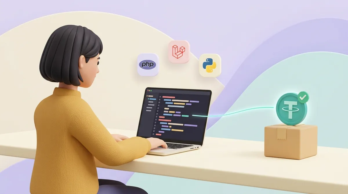 Разработчица за ноутбуком с открытым редактором кода, над экраном логотипы PHP, Laravel и Python, от ноутбука тянется светящаяся линия к монете USDT с зелёной галочкой на коробке заказа