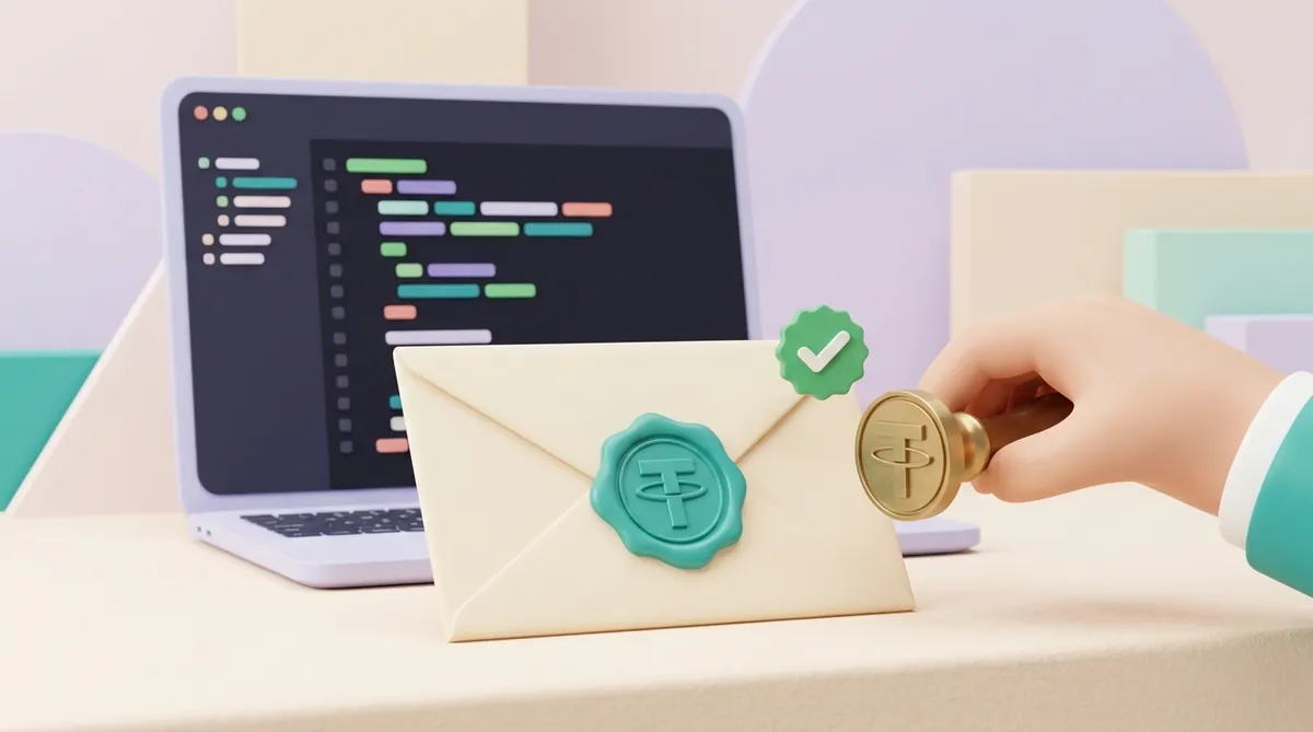 Конверт с бирюзовой сургучной печатью со знаком USDT, рука прикладывает к ней латунный штамп с тем же знаком, рядом зелёная галочка совпадения, за конвертом ноутбук с редактором кода