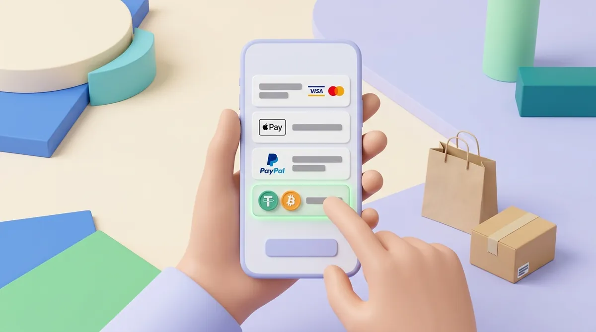 Телефон в руке покупателя с окном оплаты: карта Visa и Mastercard, Apple Pay, PayPal и криптовалюта, покупатель выбирает оплату в USDT или биткоине