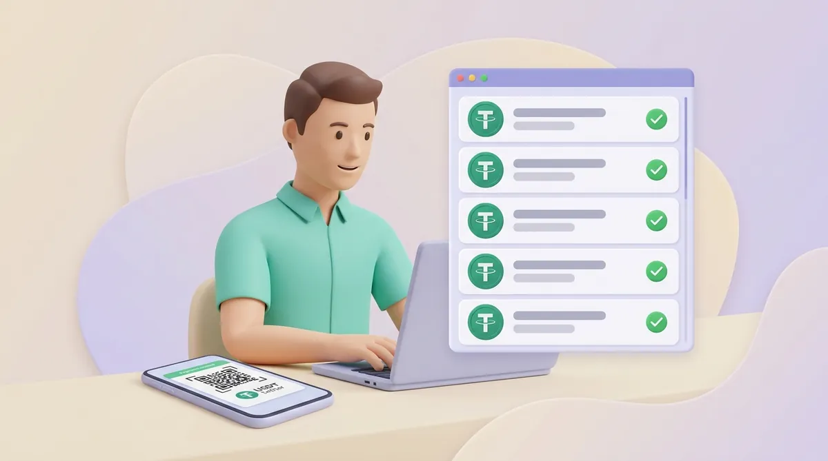 Продавец за ноутбуком смотрит список входящих платежей в USDT с зелёными отметками, рядом на столе телефон покупателя с QR-кодом для оплаты