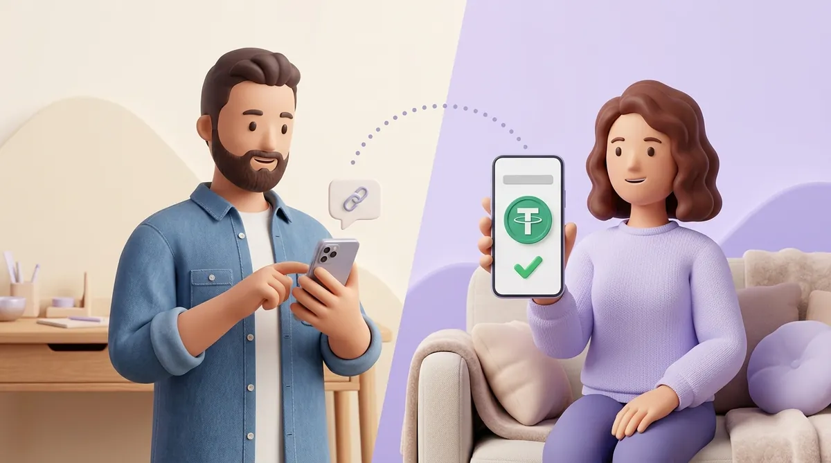 Продавец в джинсовой рубашке отправляет с телефона ссылку на оплату, а покупательница на диване показывает экран своего телефона с зелёной монетой USDT и галочкой.