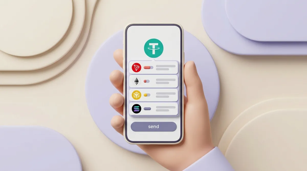 A hand holding a phone with a USDT send screen listing TRON, Ethereum, BNB Chain and Solana, each with a different network fee