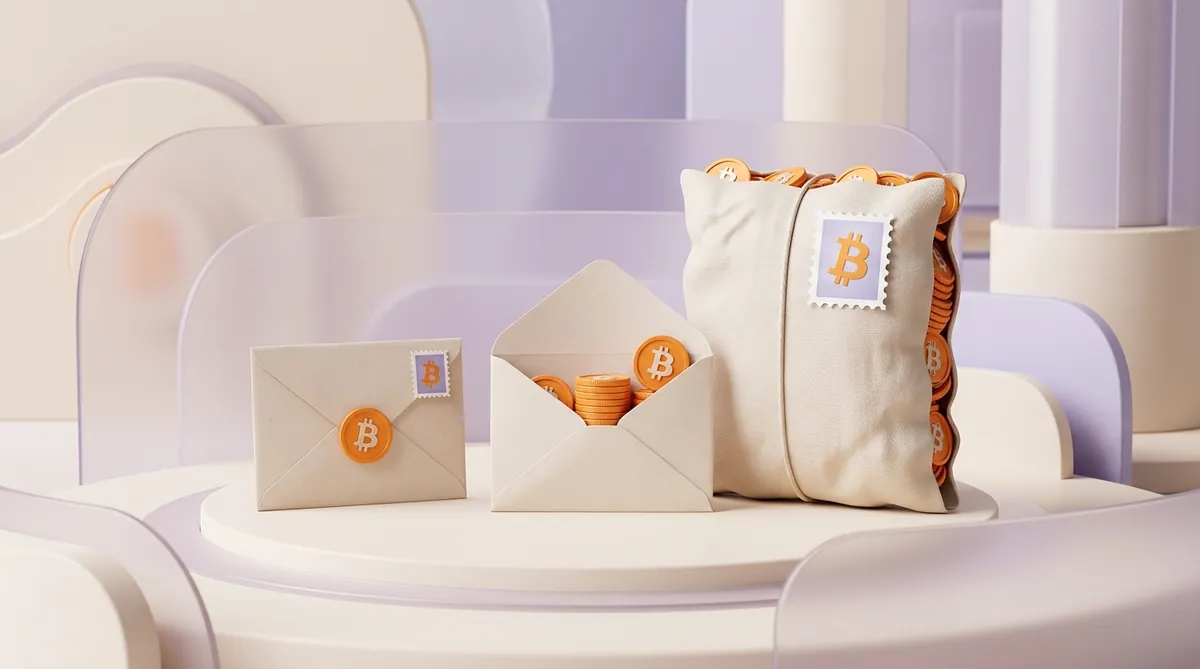Two Bitcoin envelopes of the same size, one holding a single coin and one a stack, next to a bulging bag of many small coins with a much bigger stamp