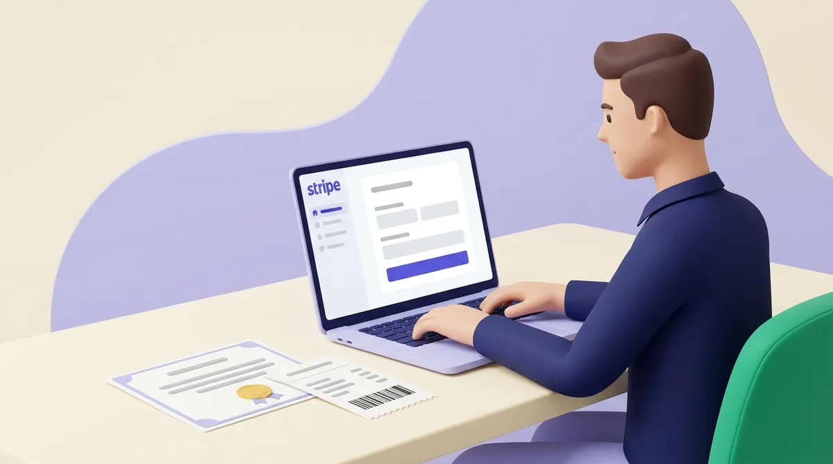 A seller in a navy shirt types on a laptop showing the Stripe dashboard with a form; a licence certificate with a gold seal and a delivery receipt lie on the desk beside him.