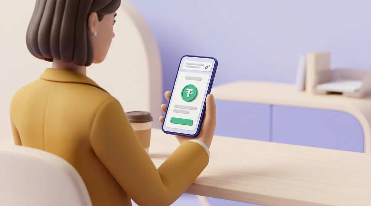 Over a client's shoulder: the phone in her hand shows a chat message with a link and a payment page with a green USDT coin and a green button.