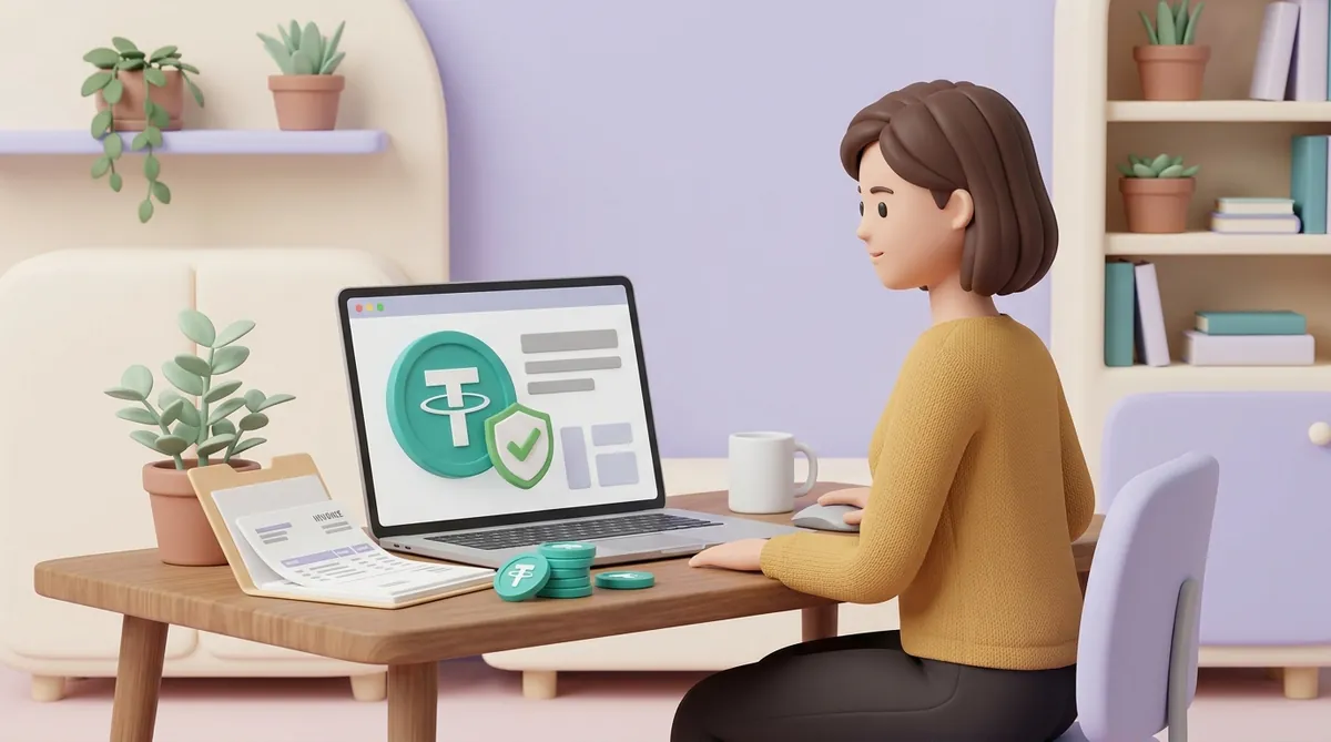 A woman running an online shop looks at her laptop: a USDT coin with a green check shield shows the payment passed screening, next to an open folder of invoices and a stack of USDT coins
