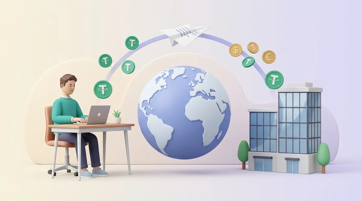 A freelancer in a teal sweater works at a laptop; over a large globe a paper plane flies toward an office building, while green USDT coins and dollar and euro coins float along the arc between them.