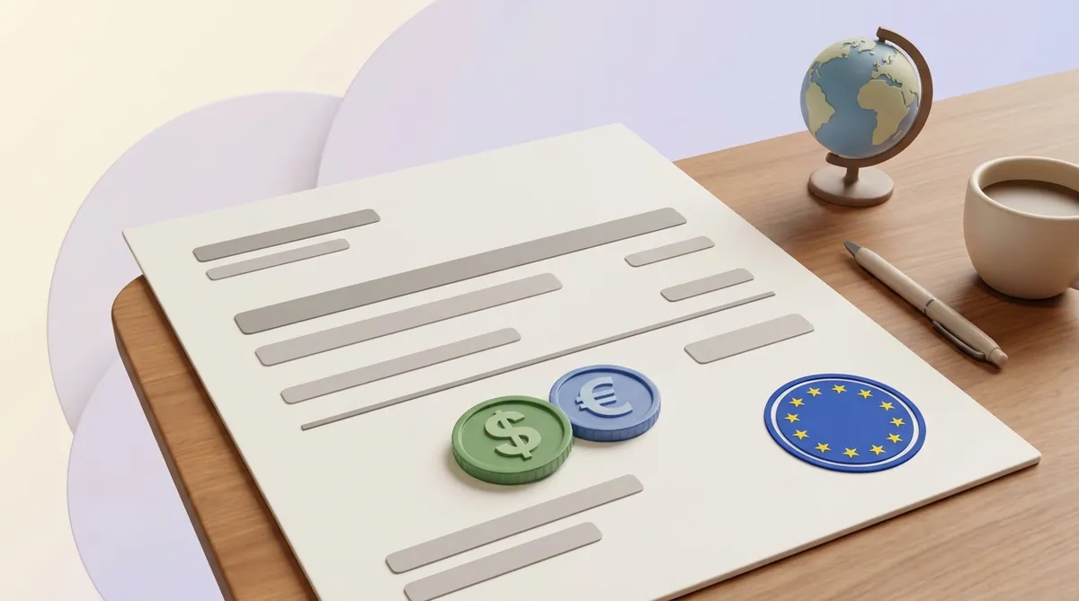 An invoice sheet on a wooden desk: placeholder lines, a green dollar coin and a blue euro coin by the total, and a blue stamp with the EU circle of stars in the corner; a pen, a desk globe and a cup of coffee beside it.