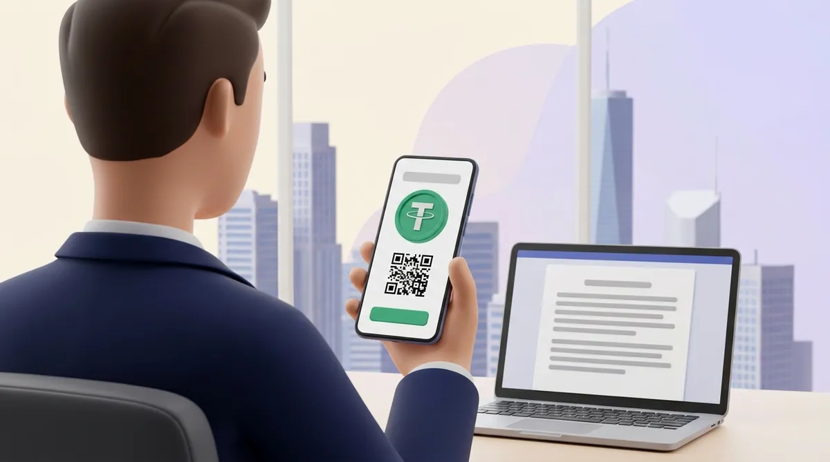 Over the shoulder of a client in a navy blazer in an office overlooking skyscrapers: the phone in his hand shows a payment window with a green USDT coin, a QR code and a green button; an open laptop on the desk shows a document.