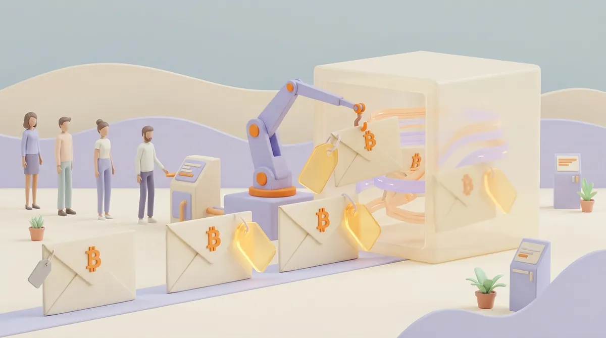 Envelopes stamped with the bitcoin symbol move along a line toward a large translucent block; a robotic arm lifts the envelopes with big gold fee tags in first, while one envelope with a small grey tag waits at the end of the line