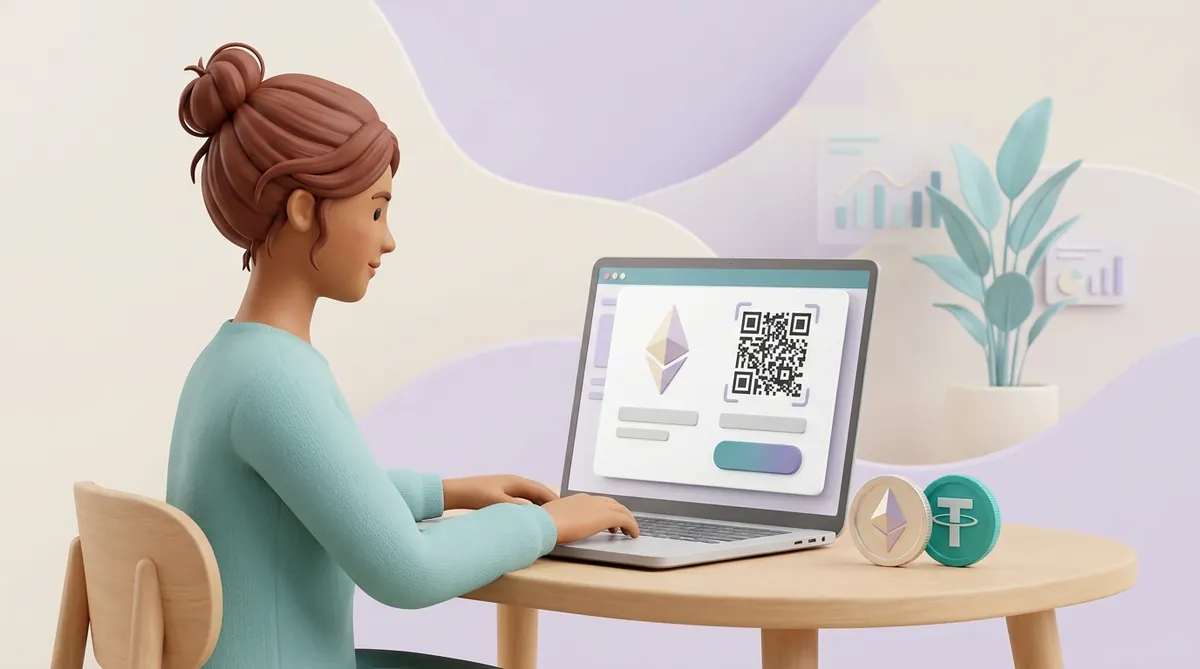 A woman at a laptop with an online shop page and a payment window showing the Ethereum logo and a QR code, an ETH coin and a Tether coin on the desk