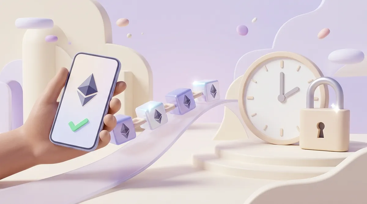 A hand holding a phone with the Ethereum logo and a green check, a short chain of Ethereum blocks, then a clock and a closed padlock: an ETH payment seen, added to blocks, then final