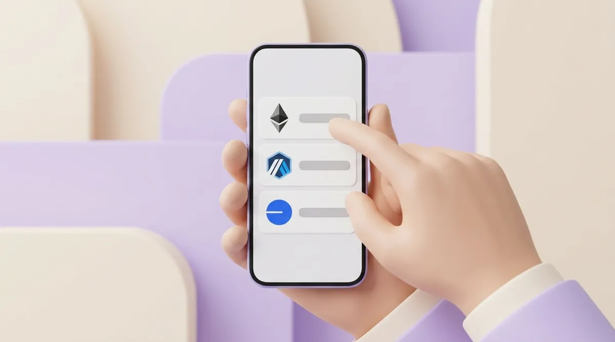 A hand holding a phone with an exchange withdrawal list of Ethereum, Arbitrum and Base networks, a finger choosing Ethereum