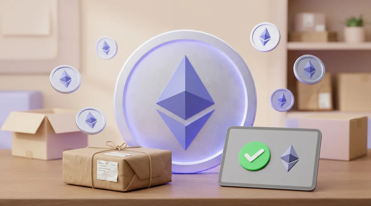 A large Ethereum coin glowing blue-violet on an online shop's packing counter, with smaller Ethereum coins floating around it, a wrapped parcel and a tablet showing a green checkmark and the Ethereum logo