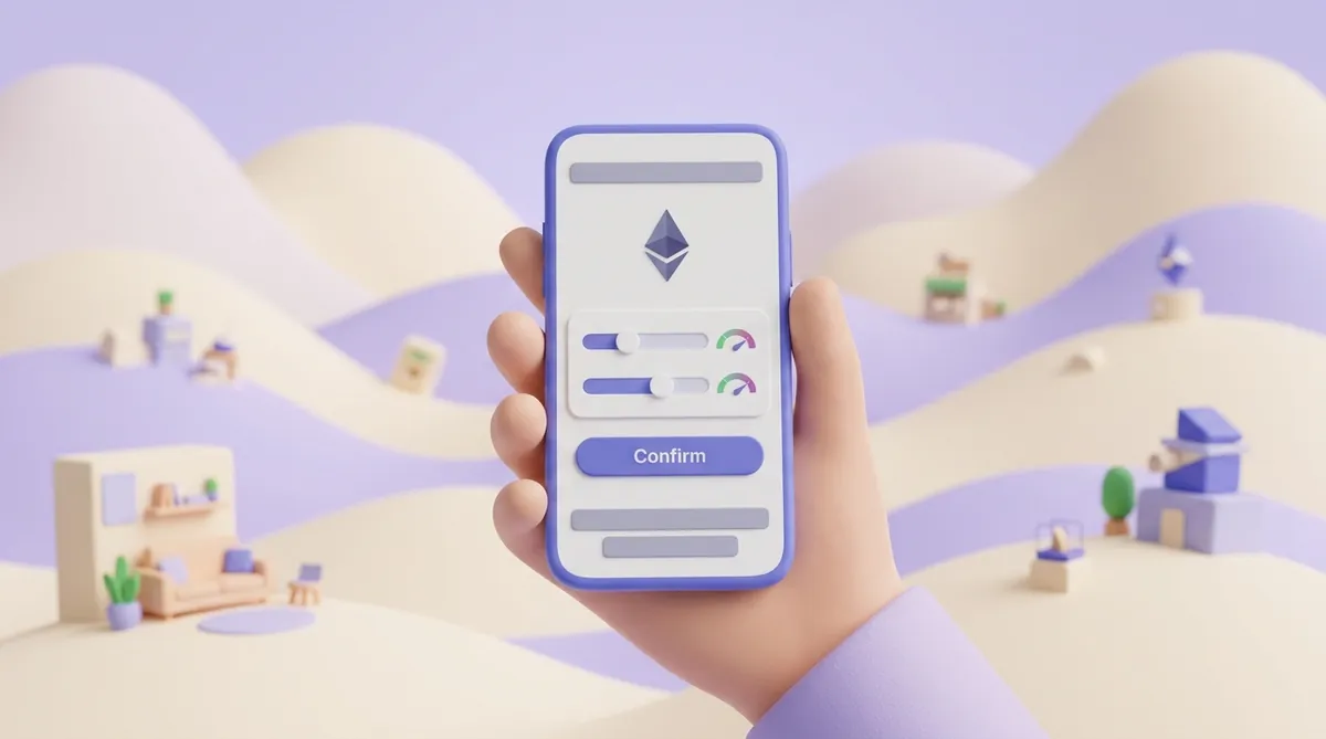 A hand holds a phone with an Ethereum wallet's fee settings: the Ethereum logo, two fee sliders with speed gauges and a Confirm button