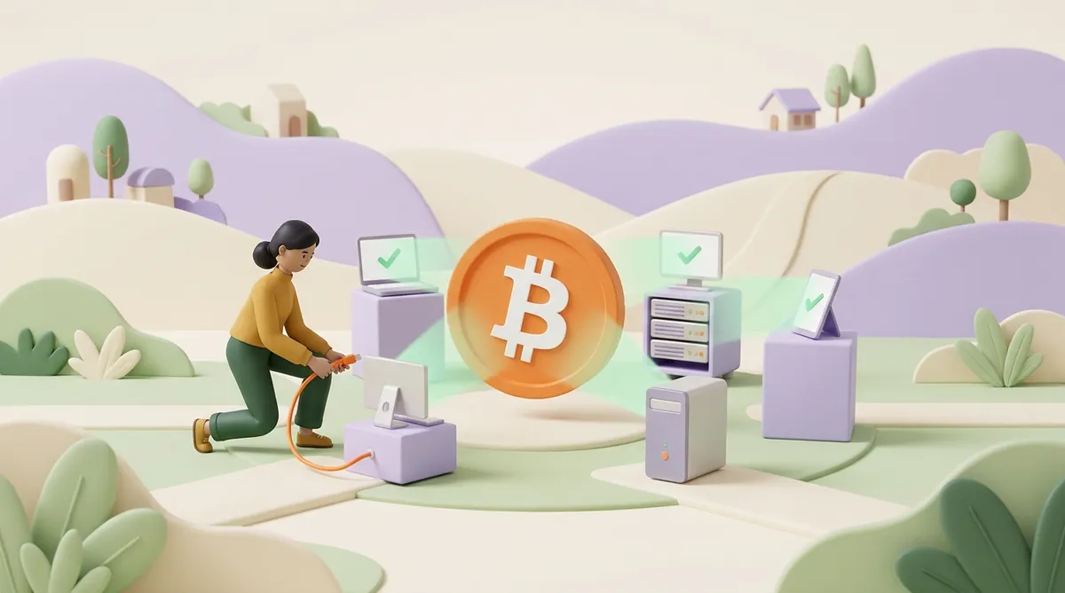 A woman in a mustard sweater plugs her small computer into a circle of nodes around a large orange Bitcoin coin: a laptop, a server rack and desktop machines shine light on the coin, with green checkmarks on their screens