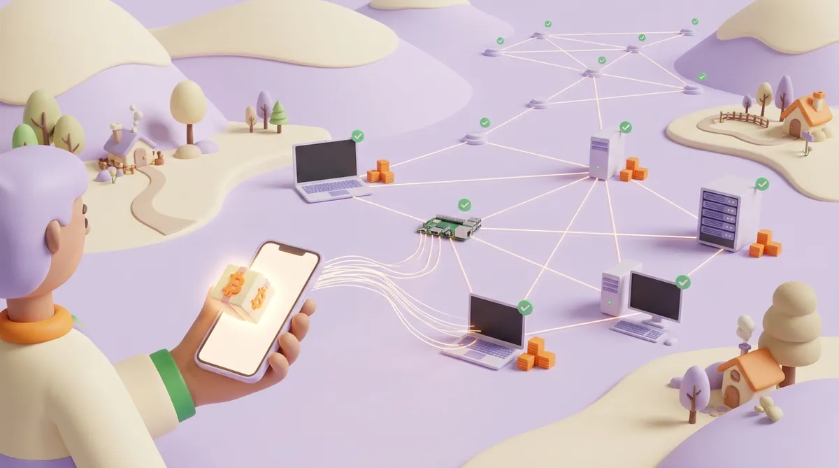 A hand holds a phone sending a payment marked with the Bitcoin logo into a network: along thin lines it reaches laptops, a single-board computer, desktop towers and a server rack, each with its own stack of orange blocks and a green checkmark, and no computer in the centre
