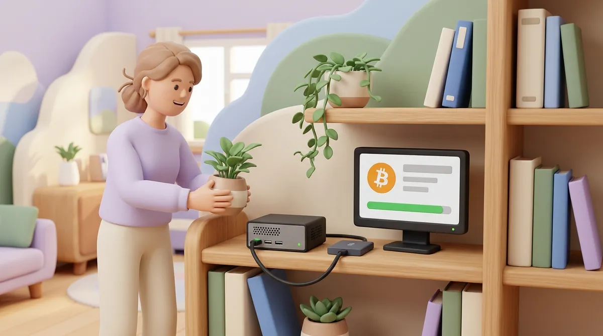 A home Bitcoin node on a bookshelf: a small computer cabled to an external SSD and a monitor showing the Bitcoin logo and an almost full sync bar, while a woman places a plant on the shelf