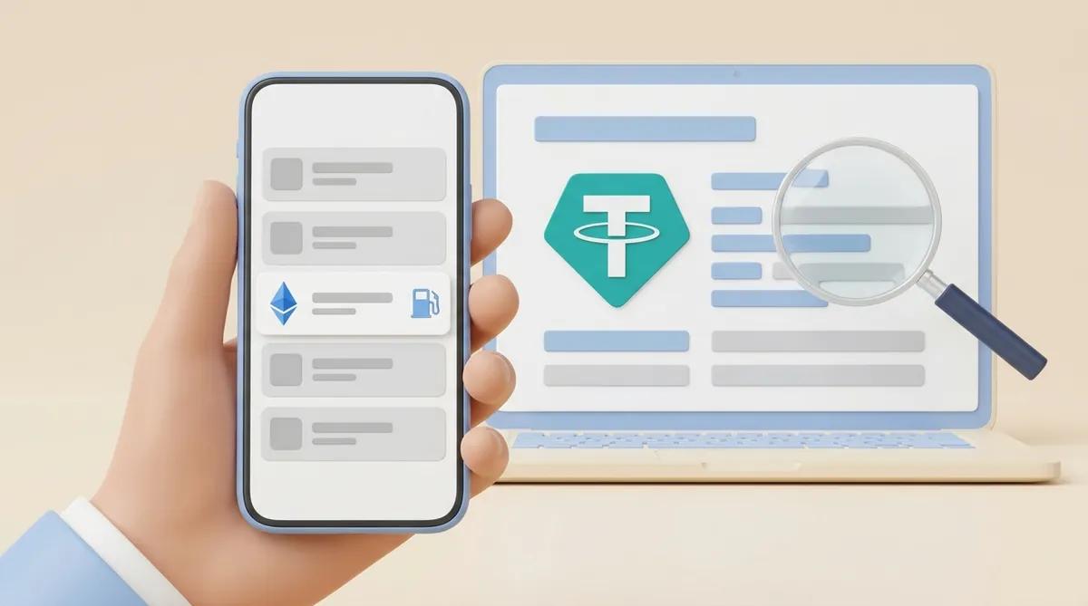 A hand holds a phone with a wallet history where one row carries the Ethereum logo and a gas pump icon; behind it, a laptop shows a block explorer page with the USDT logo under a magnifying glass