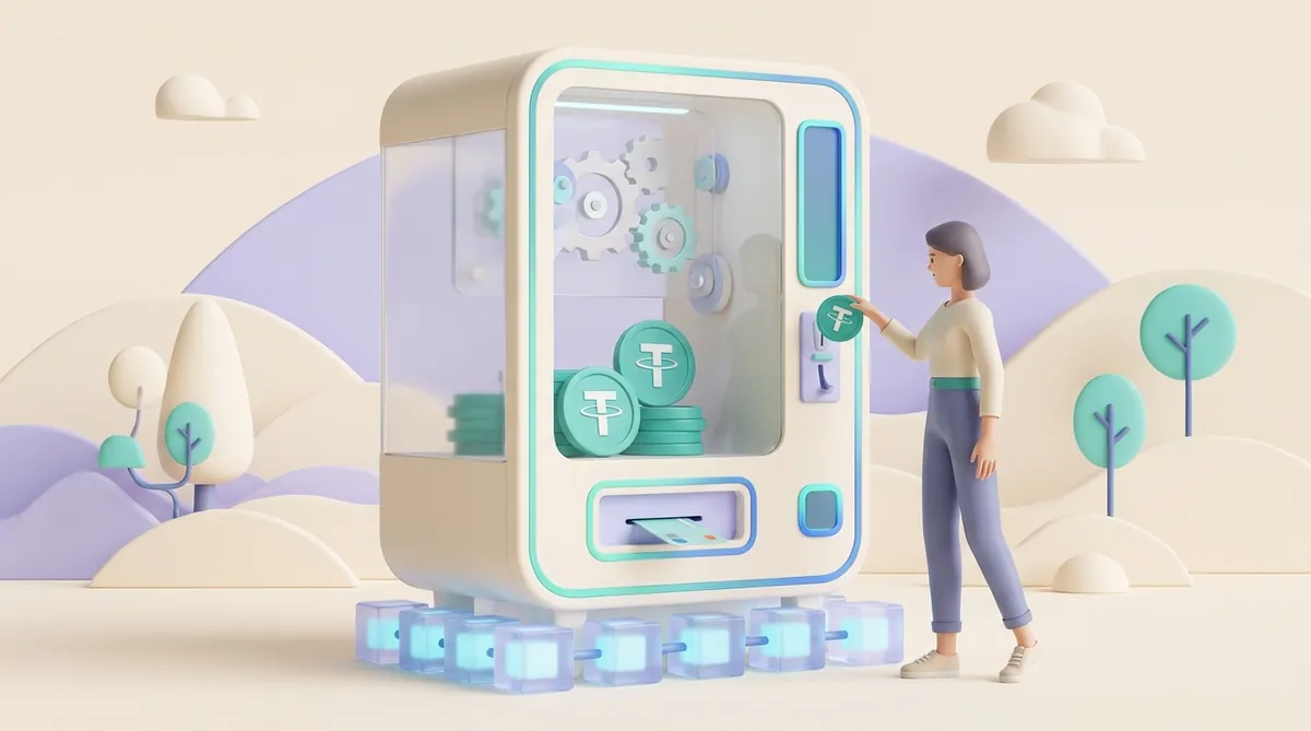 A woman drops a USDT coin into a transparent vending machine that stands on a chain of blockchain blocks; gears and USDT coins are visible inside, and a card slides out of the tray by itself