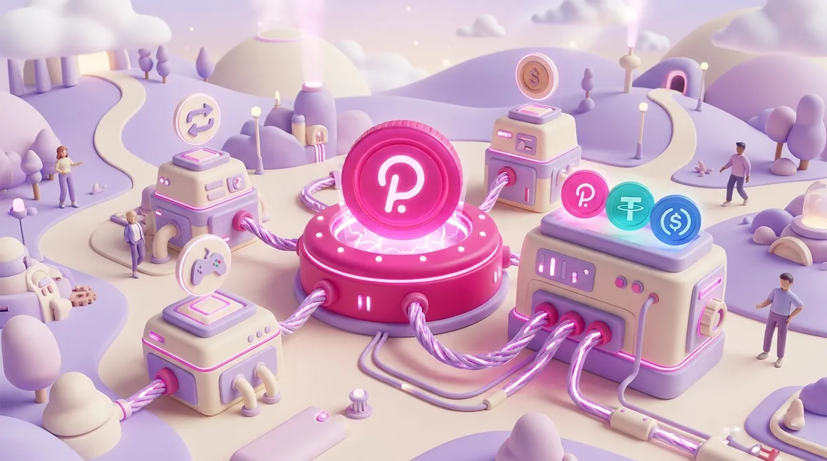Розовый узел с монетой Polkadot в центре, к нему кабелями подключены машины поменьше, у каждой свой значок — обмен, игры, монета доллара, — а у самой крупной лежат монеты DOT, USDT и USDC