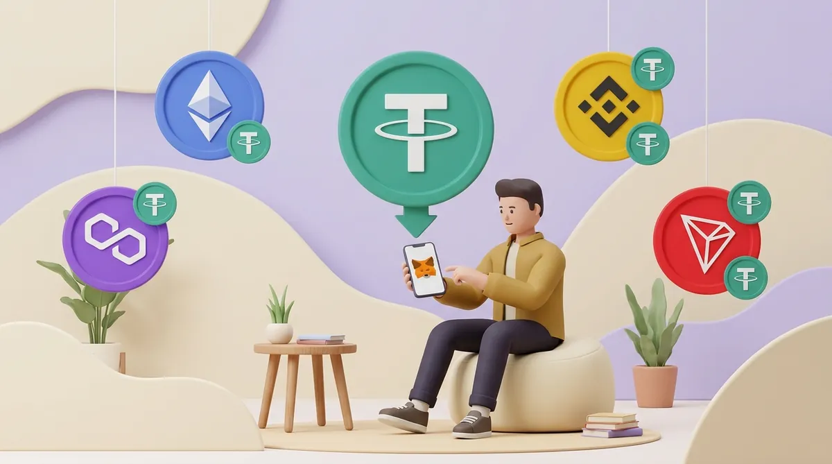 A young man in a mustard jacket sits on a pouf holding a phone with the MetaMask fox logo, while a large USDT coin floats toward it among Ethereum, BNB, Polygon and TRON coins