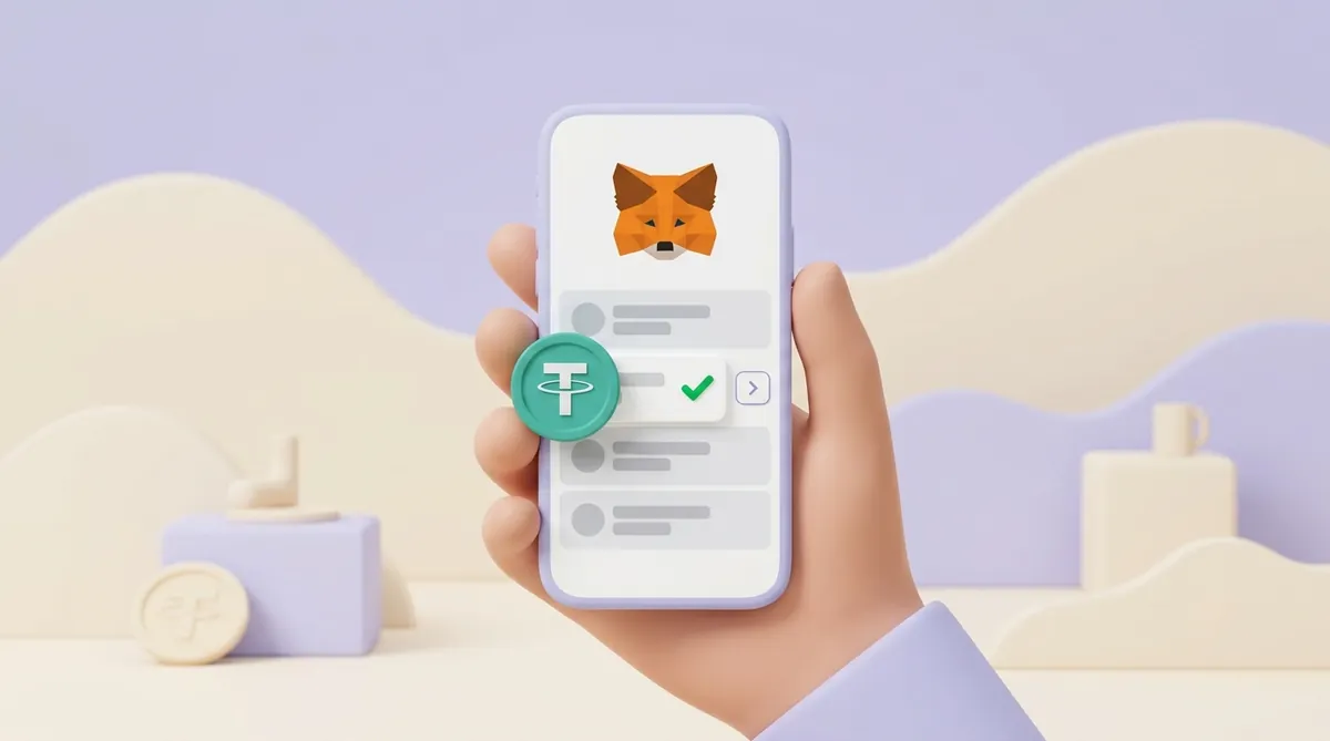 A hand holds a phone with the MetaMask fox logo at the top of the screen; a teal USDT coin with the Tether symbol slides into the token list next to a green checkmark