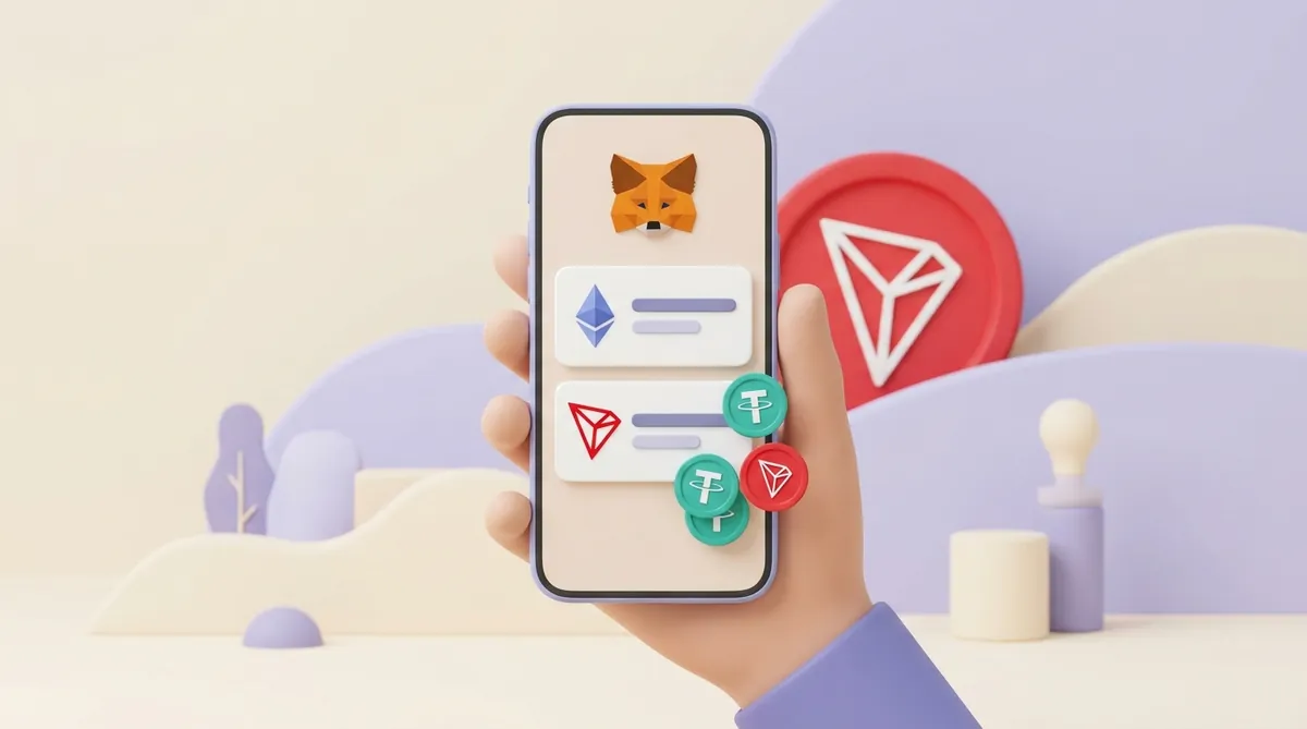 A hand holds a phone with the MetaMask fox logo and two account cards, one with the Ethereum logo and one with the red TRON logo, with USDT coins and a TRX coin beside the TRON card