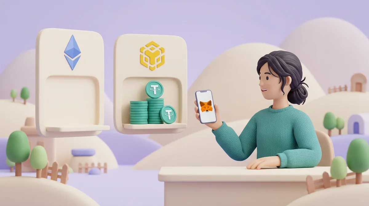 A woman at a desk holds a phone with the MetaMask fox logo; beside her, a panel with the BNB Chain logo holds a stack of USDT coins while a panel with the Ethereum logo is empty