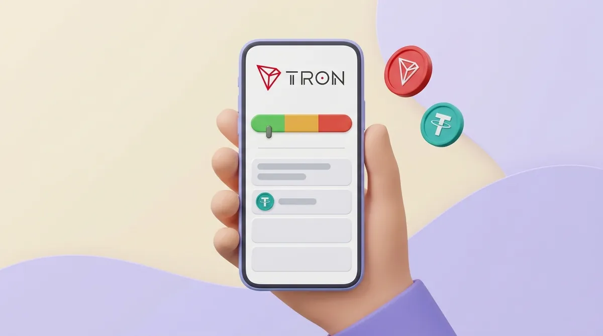 A hand holds a phone showing a TRON address check: a green, amber and red bar with the marker in the green part, a USDT row below, and red TRON and teal USDT coins floating beside it.