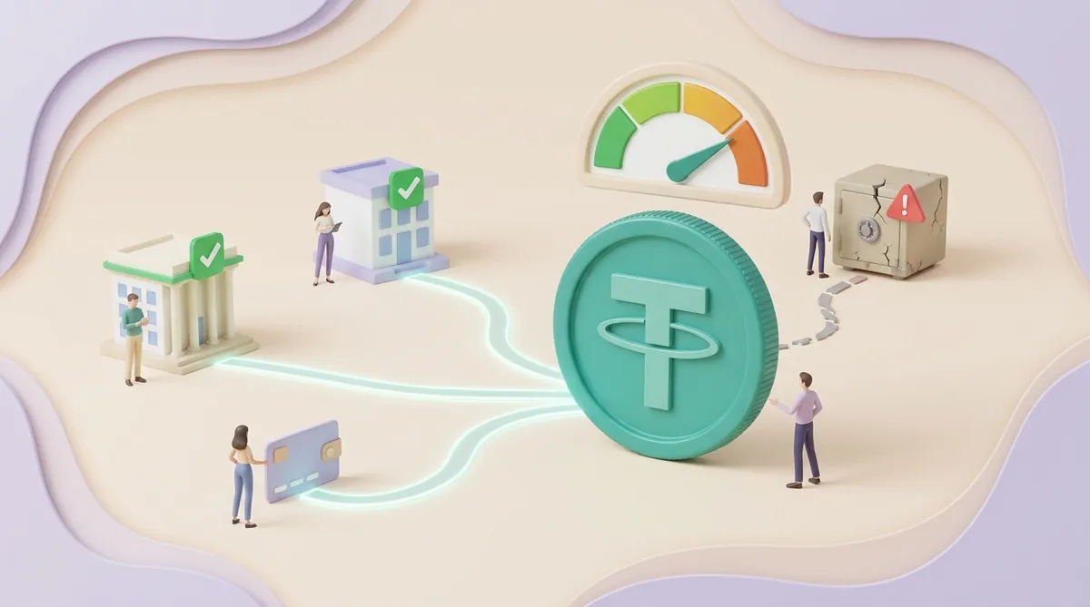A teal USDT coin with the Tether symbol at the centre: glowing trails lead into it from two checked exchanges and a client card, a dotted trail runs back to a cracked safe with a red warning sign, and a gauge above the coin leans from green toward orange.