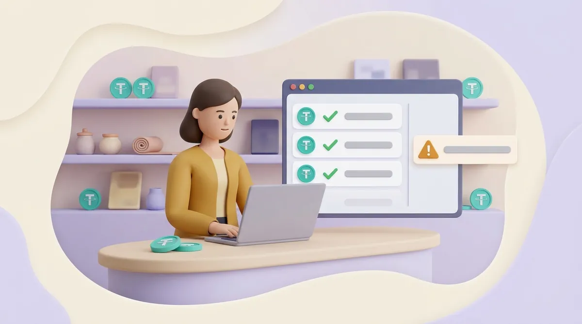 A shop owner at her counter works on a laptop; beside her a payment list shows three USDT payments with green checks and one with an amber warning set apart in a separate column.