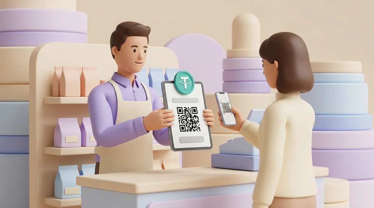 У прилавка магазина кассир держит планшет с крупным QR-кодом под монетой USDT со знаком Tether, а покупательница наводит на него камеру телефона