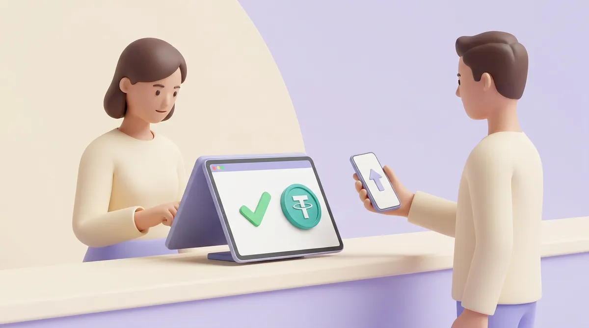 At a shop till the cashier stands at the shop's own tablet, which shows a green checkmark and a USDT coin with the Tether logo, while the customer holds up a phone showing a send arrow