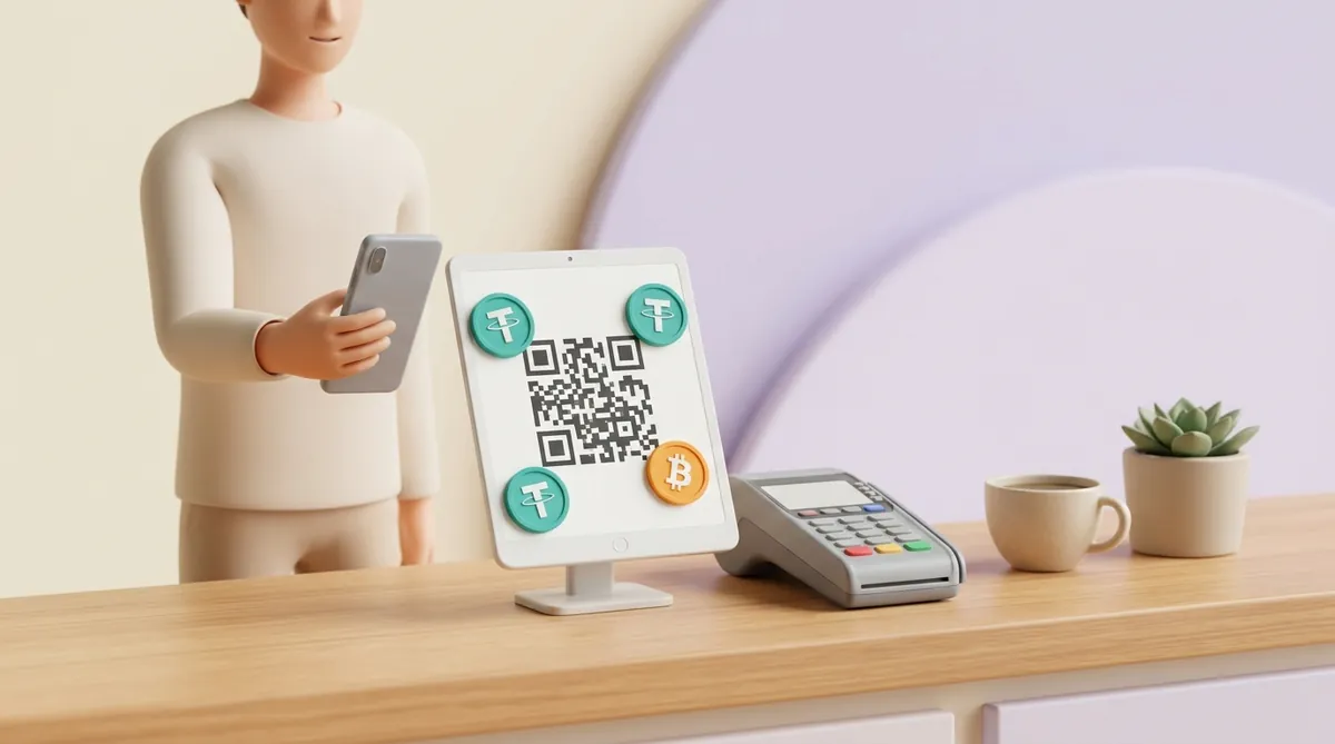 На стойке кафе обычный планшет на подставке показывает QR-код со знаками USDT и биткоина, рядом стоят банковский терминал, чашка кофе и суккулент, а за стойкой покупатель держит телефон
