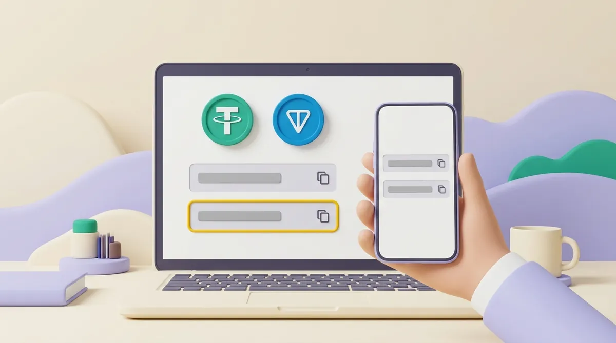 A laptop shows an exchange deposit page with USDT and TON coins at the top and two fields with copy buttons, the second field outlined in yellow; in front of it a hand holds a phone showing the same two fields