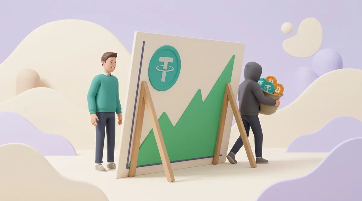A young man in a teal sweater smiles at a big board with a USDT coin and a rising green chart, while behind the board, propped up on wooden stands, a hooded stranger walks off with a sack of USDT and bitcoin coins