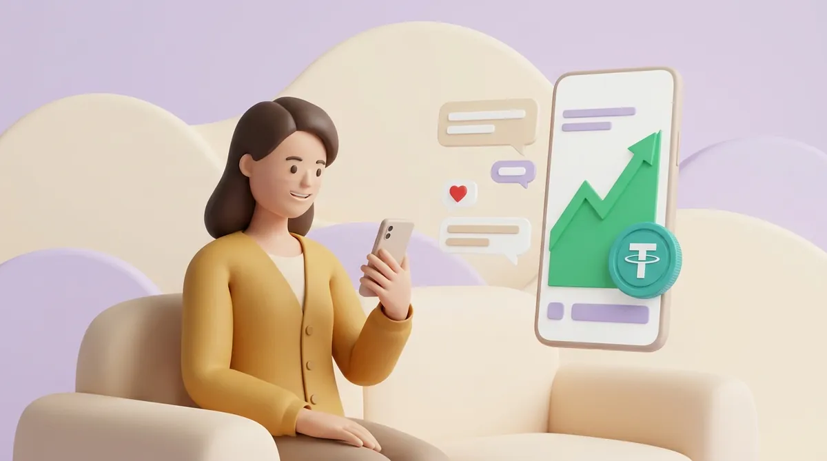 A woman on a sofa smiles at the phone in her hand; beside it, an enlarged screen shows friendly chat bubbles with a red heart and a trading app with a rising green chart and a USDT coin