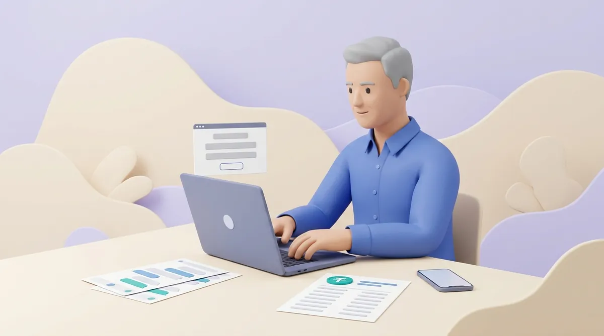 A grey-haired man at a kitchen table fills in an online report form on his laptop, with printed chat screenshots, a page listing USDT transfers and his phone beside him