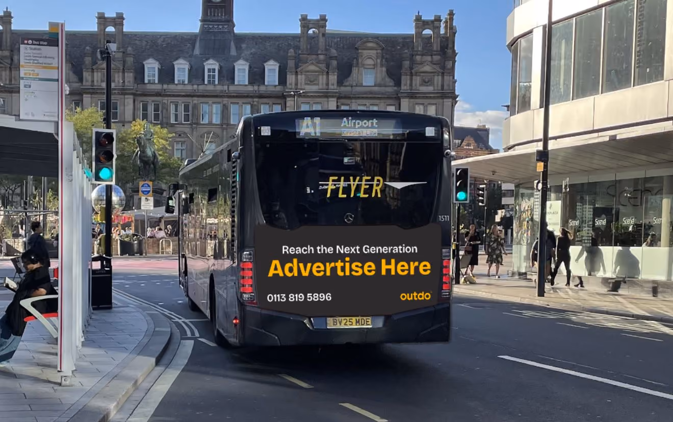 Rear wrap bus advertising in Leeds example
