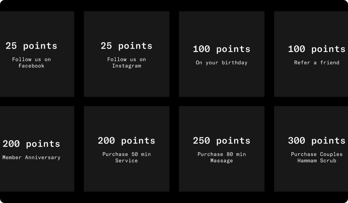 Bathhouse loyalty rewards for social follows, birthdays, referrals, anniversaries, and service purchases