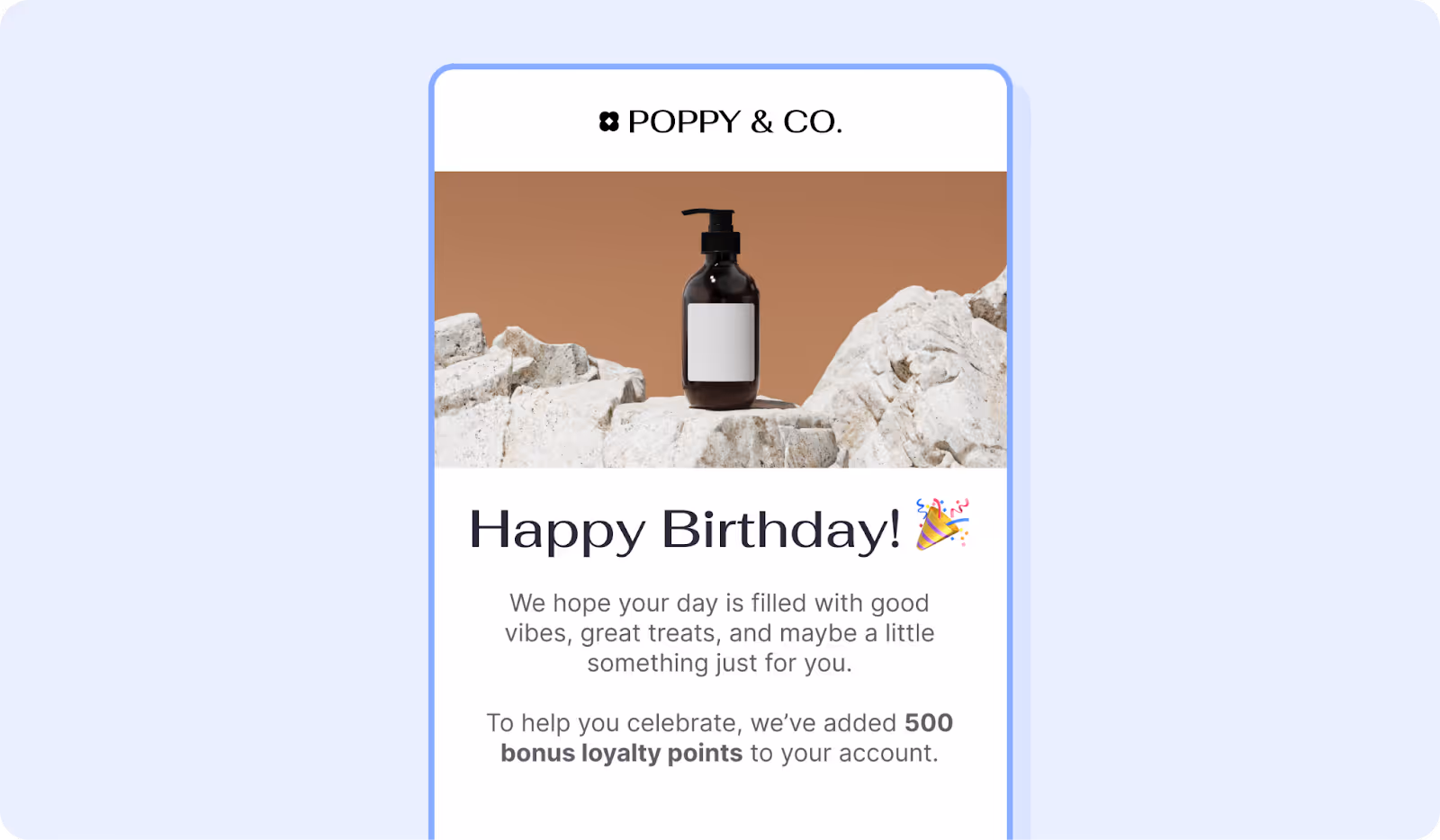 Poppy & Co. birthday loyalty reward offering 500 bonus points to a customer