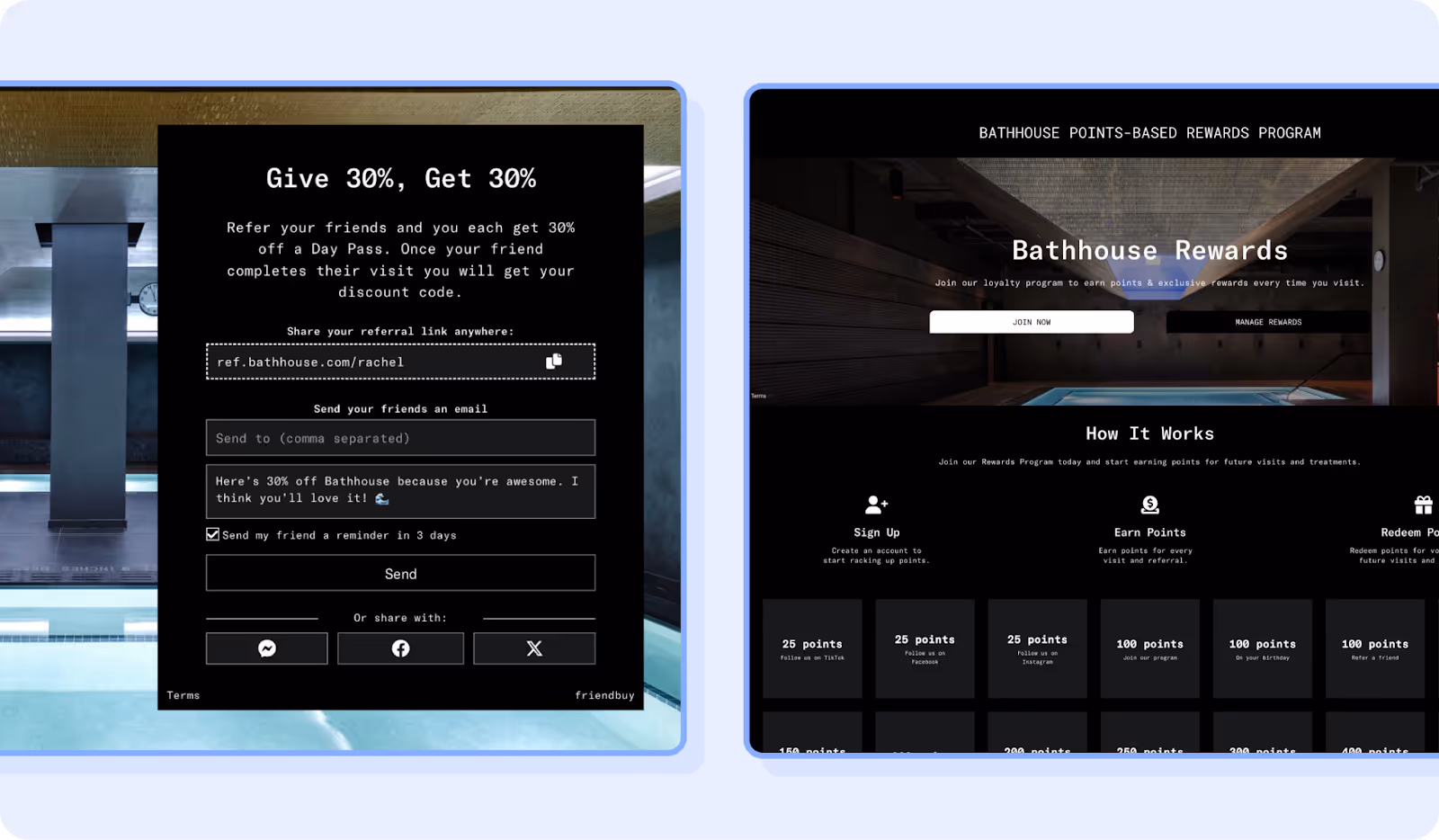 Bathhouse referral and loyalty programs showing a 30% referral offer and points-based rewards