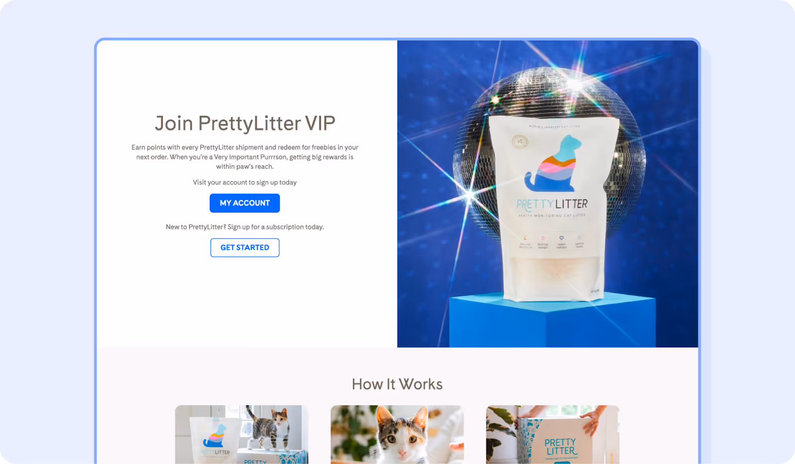 PrettyLitter VIP loyalty program with account signup and member rewards experience