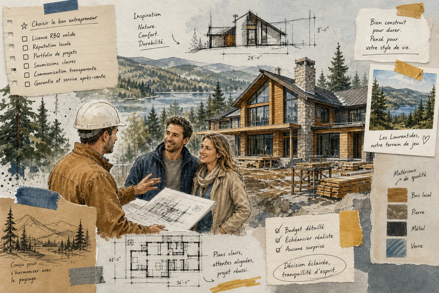 Entrepreneur général présentant les plans d'un projet de construction à des clients sur un chantier près de Mont-Tremblant, dans les Laurentides.